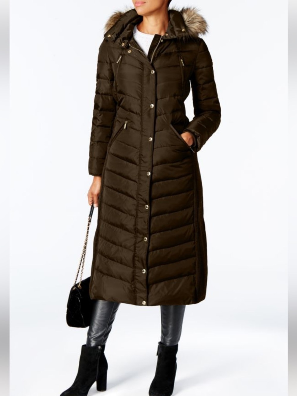 Michael Kors Faux Fur Chocolate Brown Puffer Maxi Coat Gold Accents Size 2X